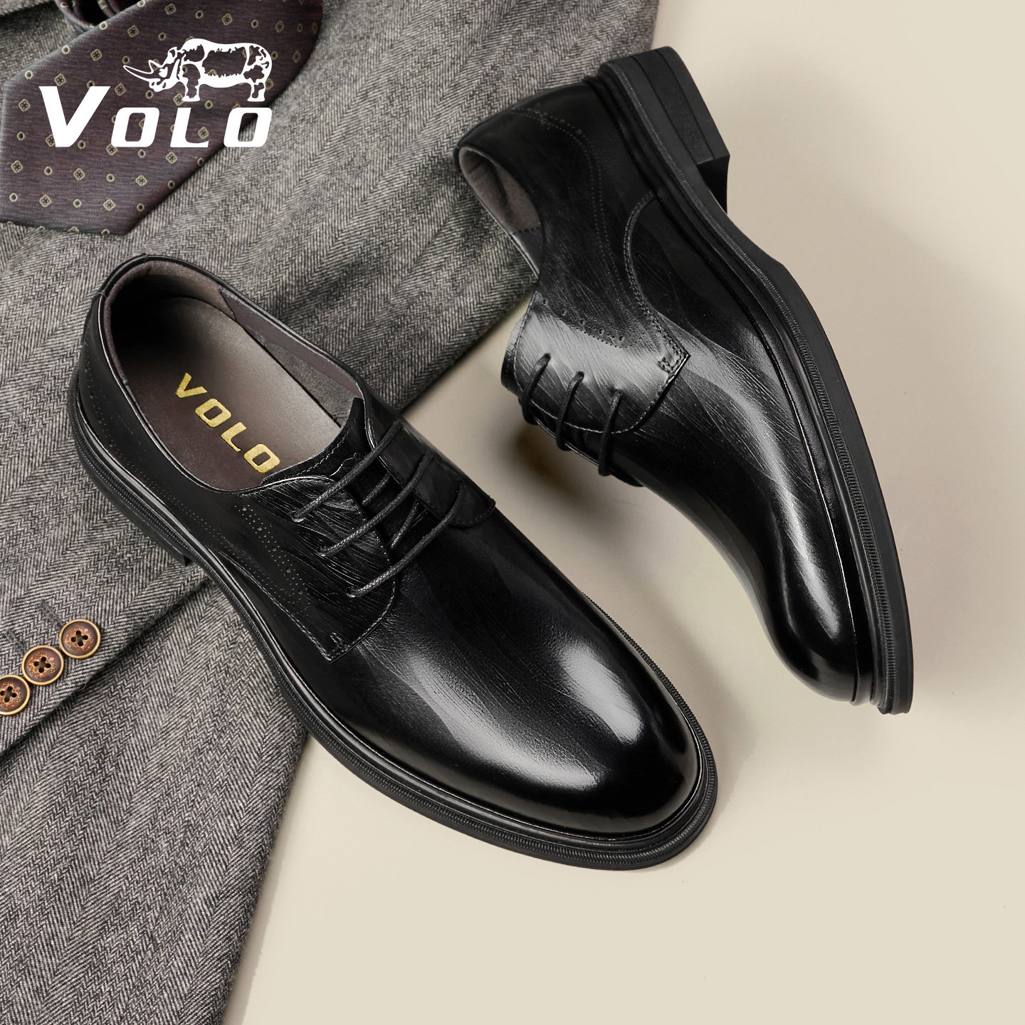 VOLO/犀牛休闲皮鞋男款2026新款全黑公务鞋商务皮鞋内增高德比鞋