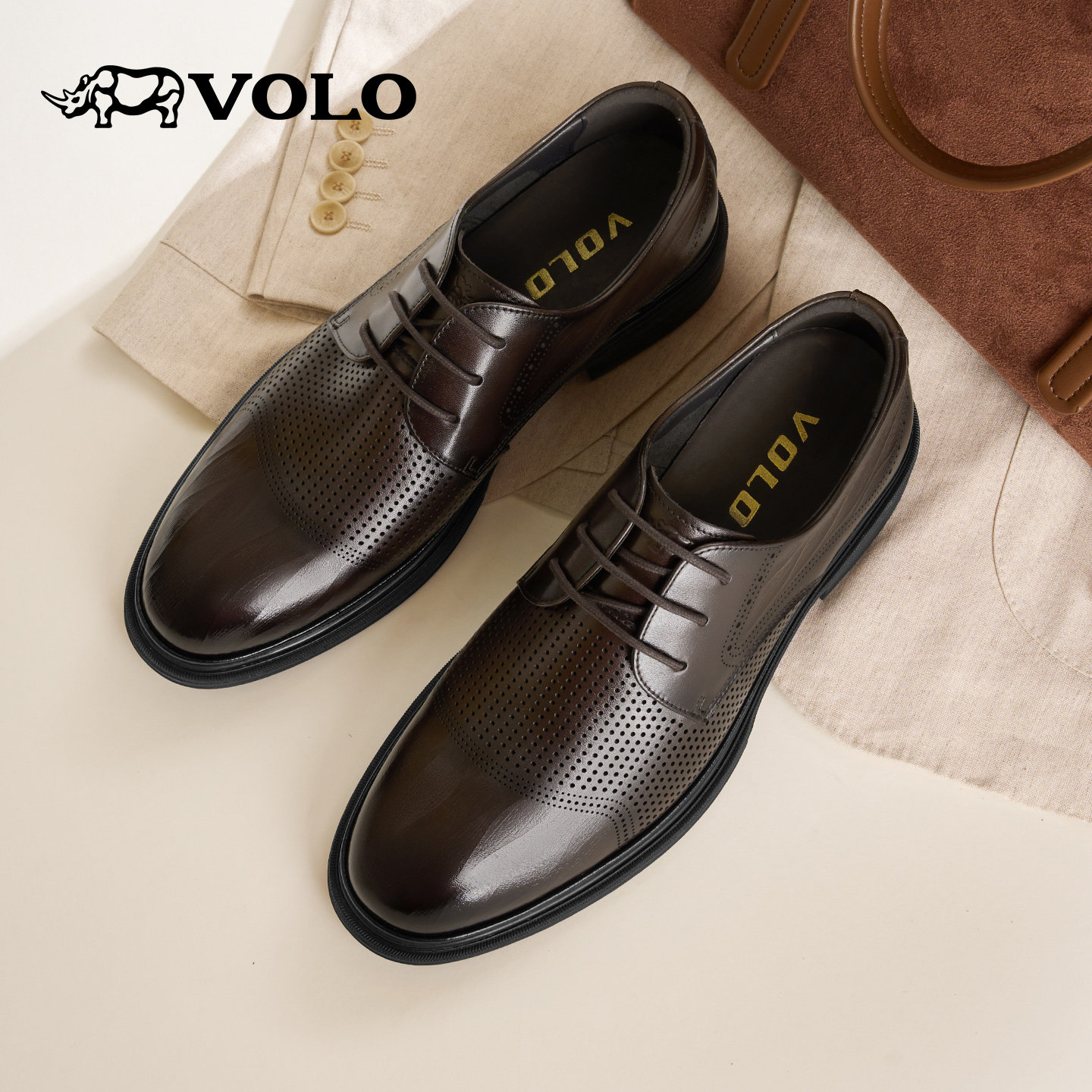 VOLO犀牛男士皮鞋正装商务2026新款夏季镂空皮鞋透气凉爽增高皮鞋