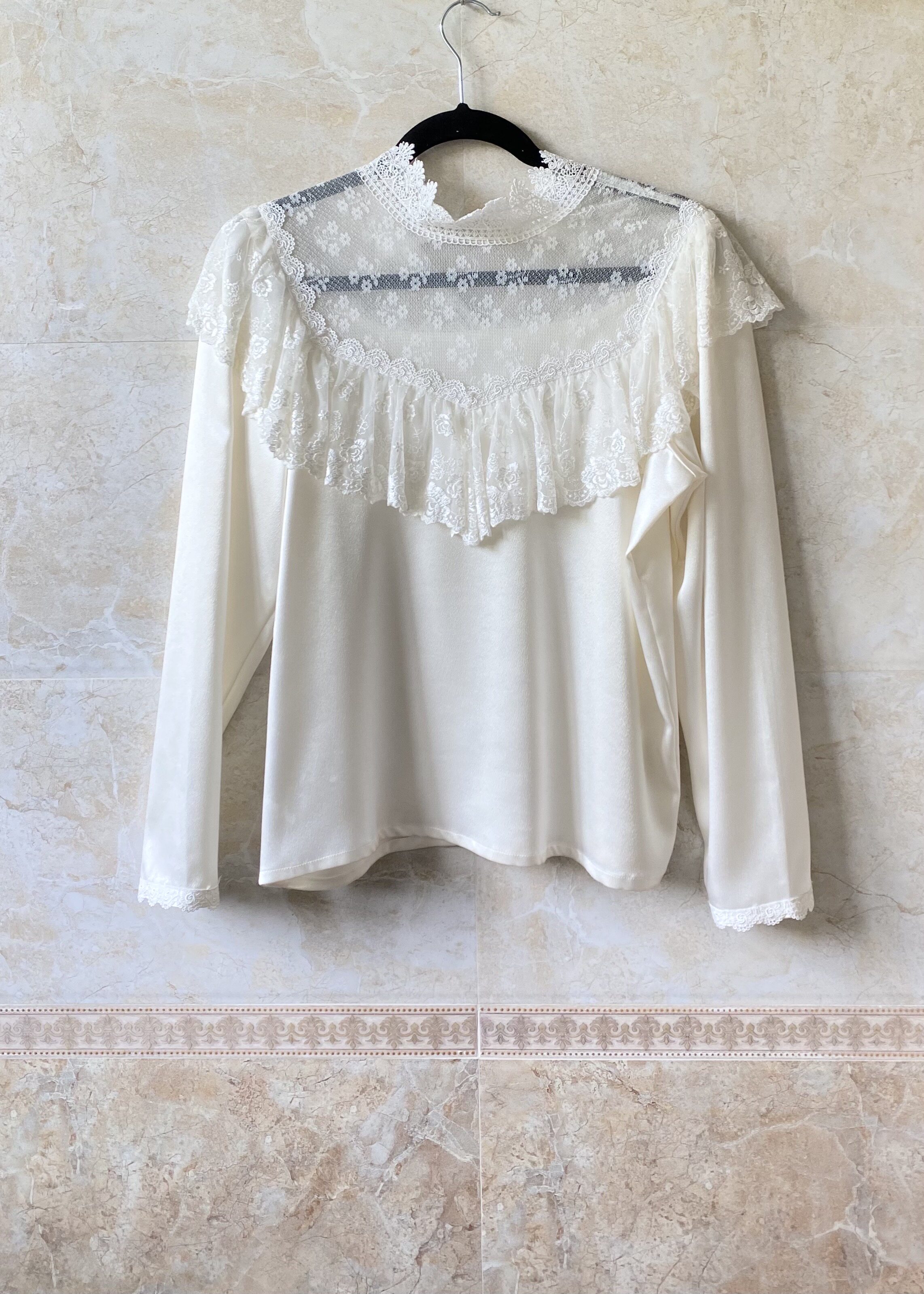 vintage 精美睫毛蕾丝宫廷衬衫仙女牙白色古董维多利亚风长袖上衣