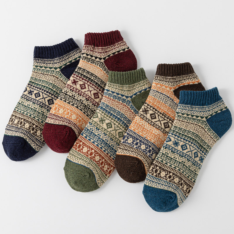 5双袜子男短袜秋冬潮流粗线毛线袜防臭低帮保暖男士原宿风船袜
