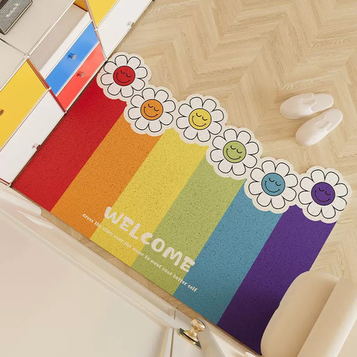 ins笑脸彩虹丝圈脚垫入户门耐脏防滑垫可裁剪门垫玄关入户脚垫子