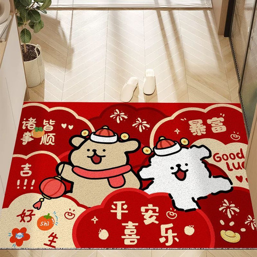 线条小狗红色新年入户门丝圈地垫蹭土防滑家用可裁剪进门门口脚垫