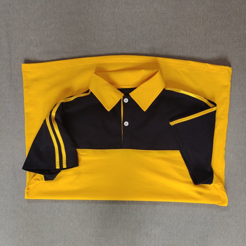 定做夏季男女校服同款短袖姜黄色拼藏蓝色翻领上衣半袖T恤POLO衫