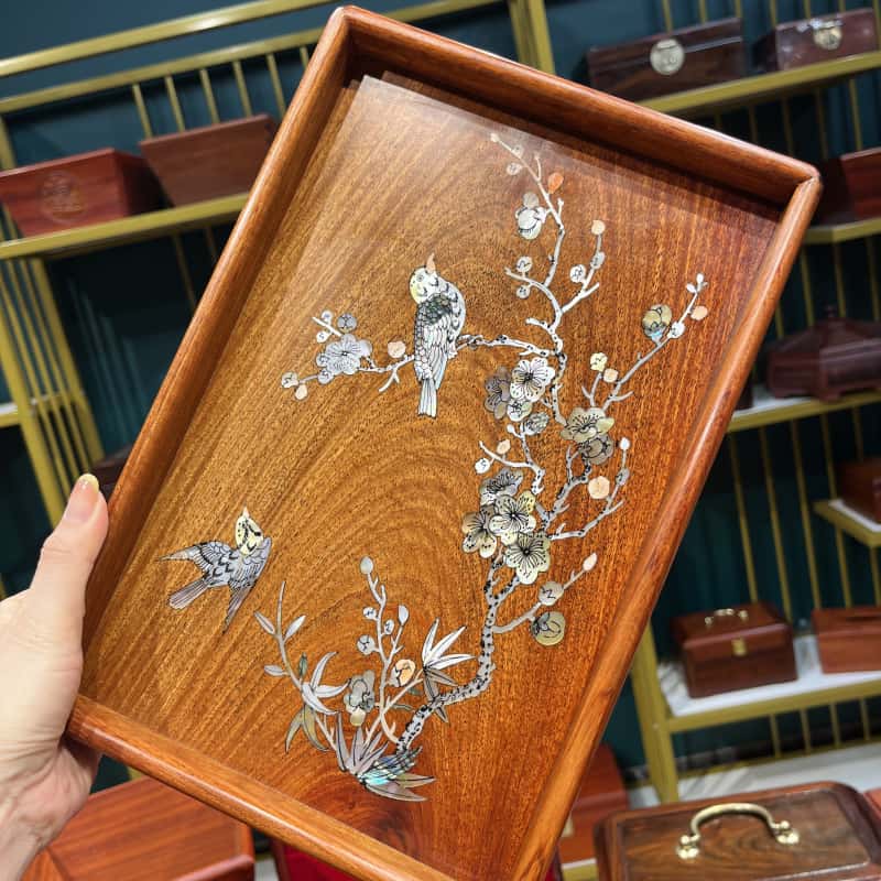 缅花螺钿长方形喜上眉梢托盘文玩盘30*20*3cm