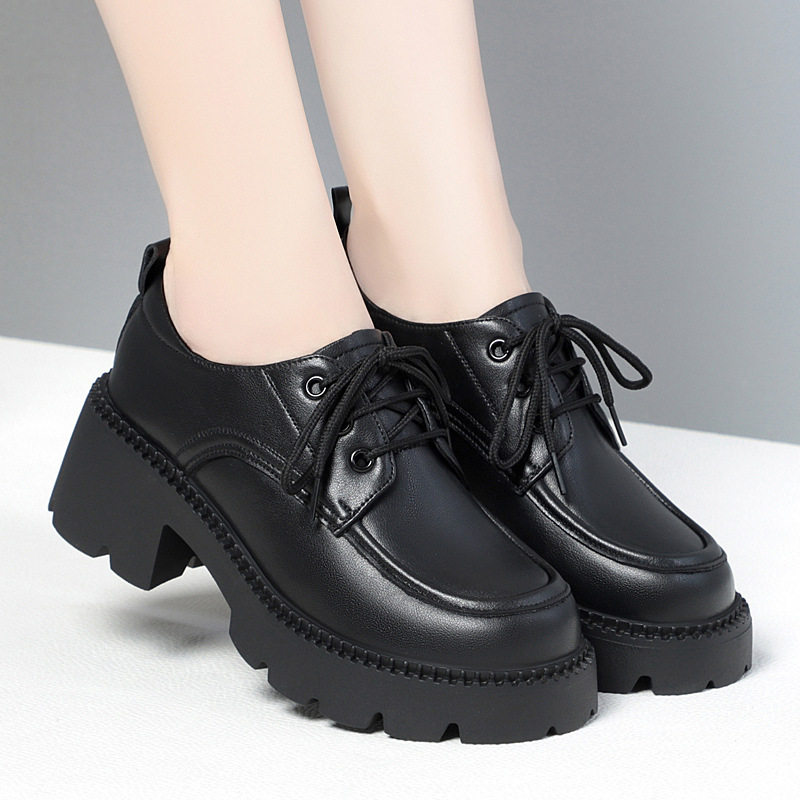 厚底乐福鞋女真皮百搭春秋新款棕色系带软底舒适英伦小皮鞋女单鞋