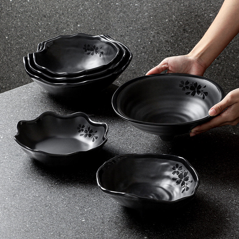 瑞美密胺餐具盘子火锅餐厅餐盘汤盘黑色仿瓷菜盘商用饭店凉菜深盘