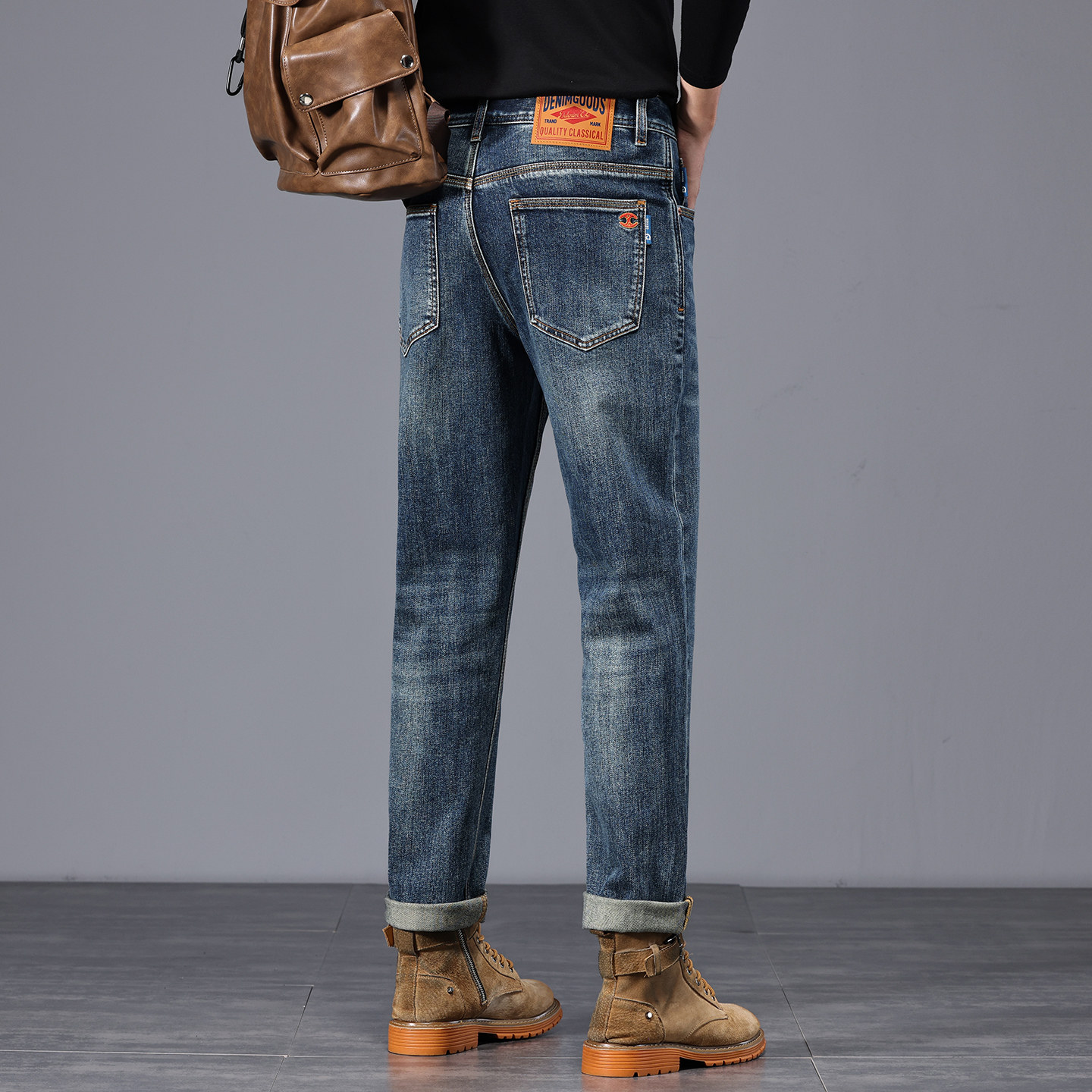 高端品质深蓝色牛仔裤男装秋冬新款美式重工复古修身小直筒长裤子