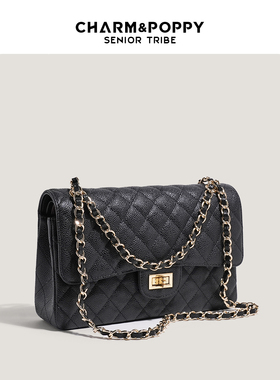 CHARMPOPPY头层牛皮菱格链条包小香风斜挎CF包包女单肩腋下小方包