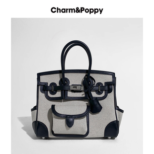 CHARMPOPPY 通勤手提凯莉包女单肩cargo牛皮拼帆布口袋铂金包斜挎