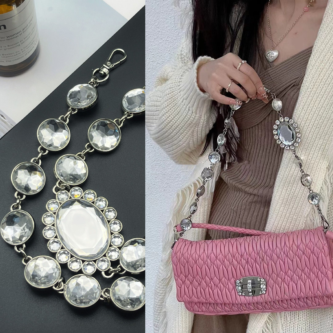 miumi肩带褶皱腋下包替换彩色仿水晶链镶钻链条miumi带子宝石包链