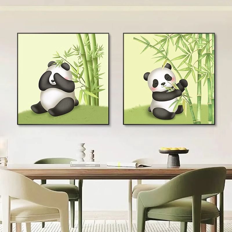 餐厅装饰画卡通熊猫餐桌背景墙挂画方形清新饭厅墙画儿童房间壁画图片