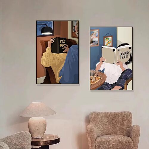 看书少女客厅装饰画ins风书房休闲区北欧慵懒感壁画床头卧室挂画