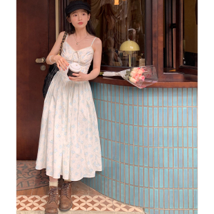 芒岁法式 甜美印花吊带裙公主连衣裙高腰修身 蓝色中长裙无袖 夏季