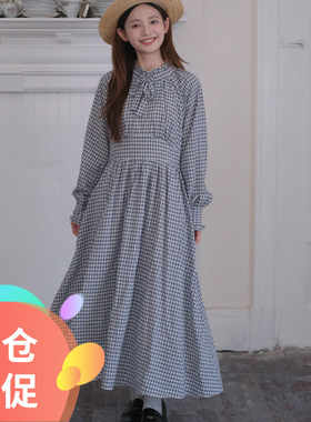 【特价清仓】复古格子长袖连衣裙收腰显瘦中长裙2024秋季新品