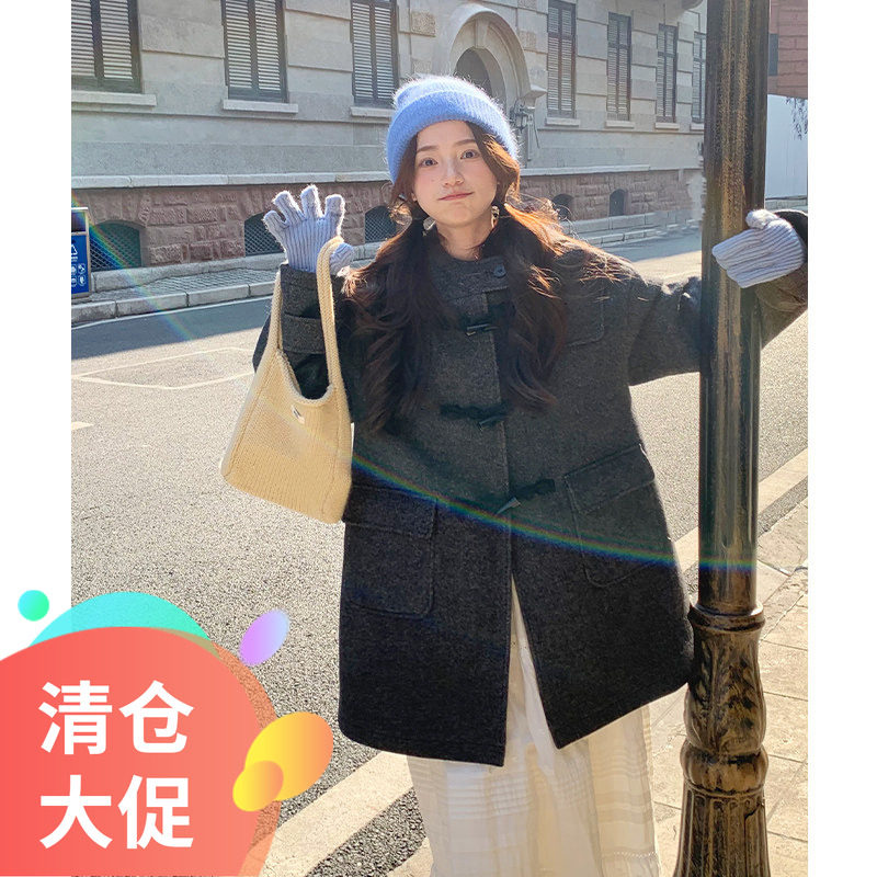 【特价清仓】美术馆女孩芒岁甜美中长款牛角扣大衣彩纱毛呢外套