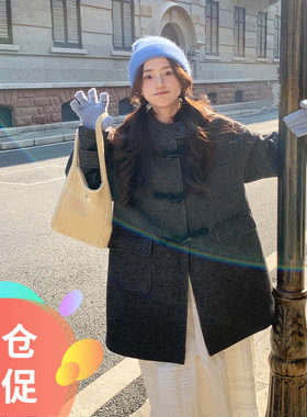 中长款牛角扣大衣彩纱毛呢外套