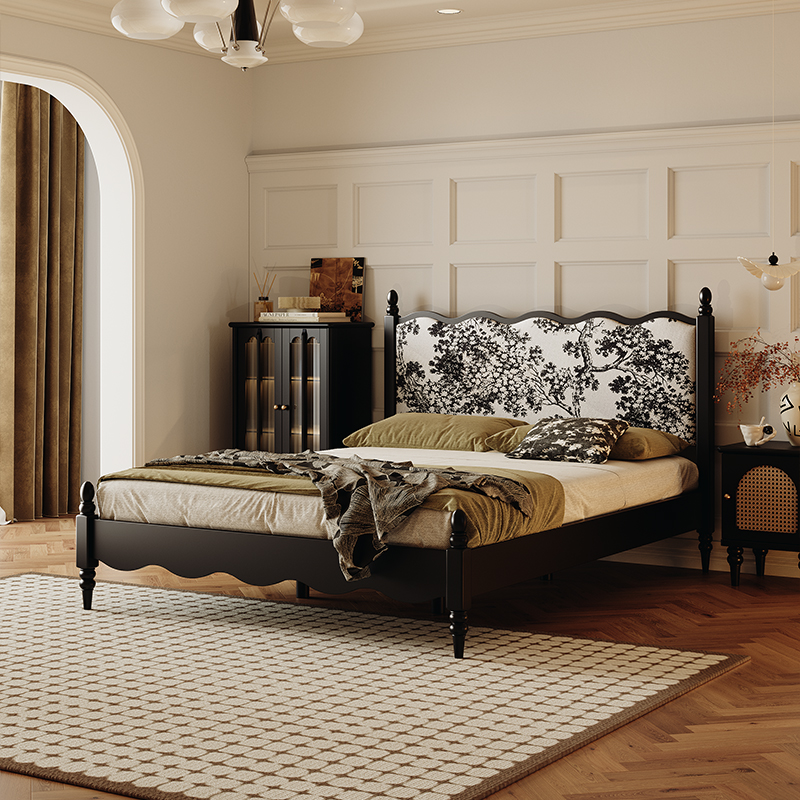 法式复古实木床软包波浪床1.8米双人主卧美式床轻奢黑色中古床-封面