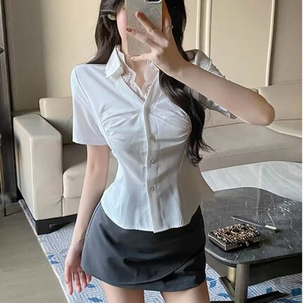 夏季减龄白衬衫短袖包臀裙套装