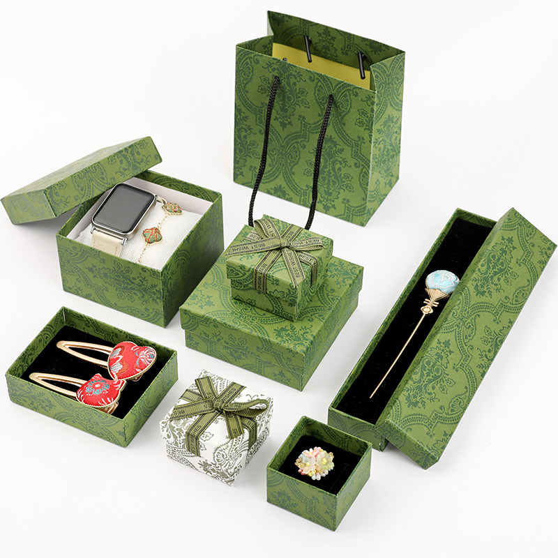 复古绿色蝴蝶结首饰盒天地盖珠宝首饰项链节日送礼礼品包装盒袋子