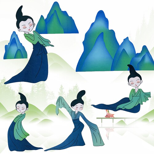 只此青绿国风新中式女孩墙贴