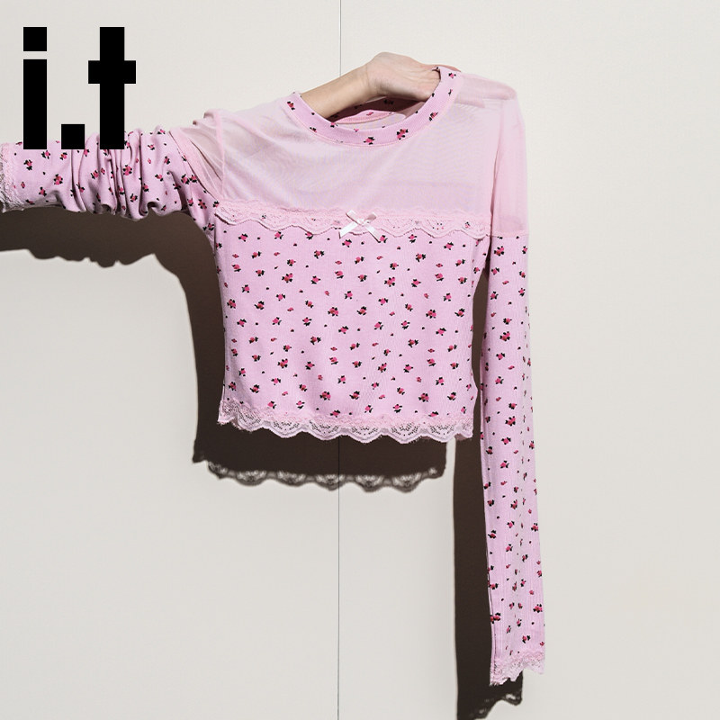 thumbnail for it:CHOCOOLATE American sweet and spicy style floral mesh long sleeve T-shirt women's autumn pure want slimming and slimming top