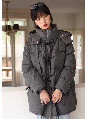 无拘2025年冬季新款中长款休闲保暖棉衣设计感牛角扣加厚羽绒服女