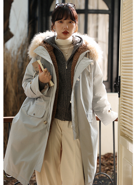 无拘2025年秋冬新款法式保暖外套连帽大毛领清冷雾蓝长款羽绒服女