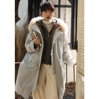 无拘法式长款连帽大毛领羽绒服