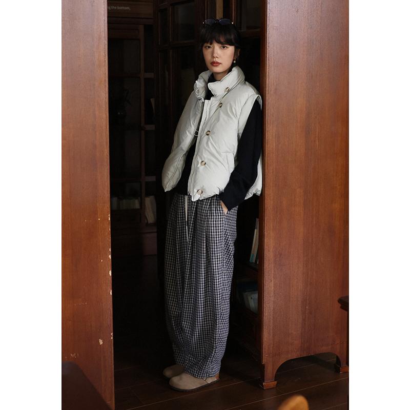 休闲松弛感格纹抽绳直筒压褶裤