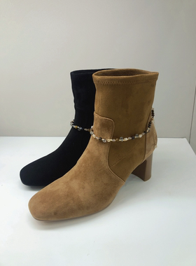 接吻猫25冬新老钱粗跟靴真皮时装瘦瘦靴链条粗高跟靴女KA65735-10
