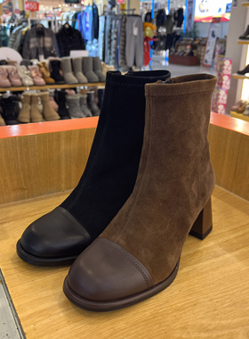 接吻猫2023秋冬新款粗高跟短筒靴时尚弹力女靴KA43705-10