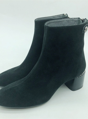 KISSCAT接吻猫2019冬羊反绒通勤皮里圆头粗跟短靴女鞋KA09527-11