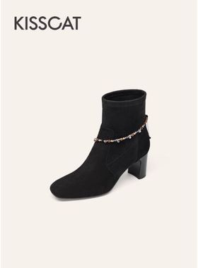 接吻猫2025冬老钱粗跟靴时装瘦瘦靴链条黑色高跟靴女KA65735-10