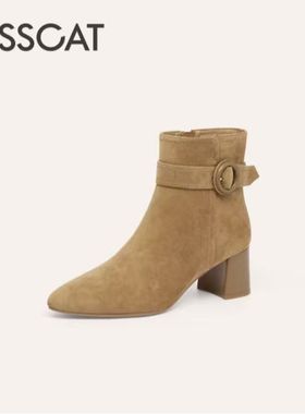 接吻猫粗跟瘦瘦靴2025冬羊绒尖头高跟时装靴显瘦KA65730-10