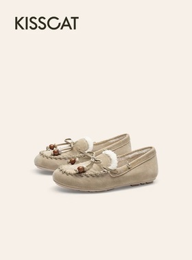 接吻猫豆豆鞋2025冬真皮软底加绒乐福鞋毛毛鞋女KA65527-51