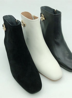 KISSCAT接吻猫女鞋2021秋款专柜正品时尚羊皮方头短靴KA21527-12