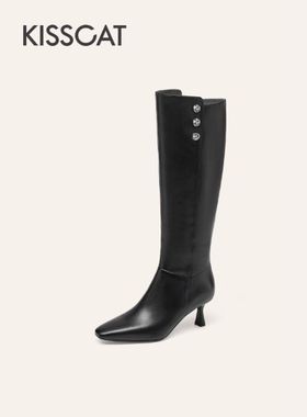 接吻猫长靴2025新优雅时髦高跟真皮黑色长筒靴KA65713-14