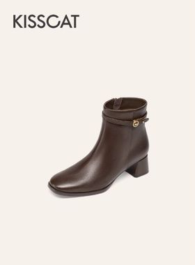 接吻猫中跟靴2025冬新真皮短靴尖头黑色时装靴女KA65720-13