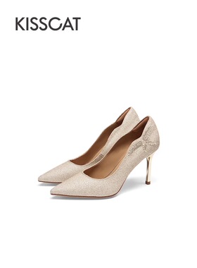接吻猫2024秋细跟高跟鞋尖头女鞋单鞋金色婚宴会鞋KA54106-82