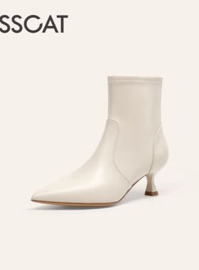 接吻猫2025冬尖头细跟真皮短靴法式时装靴瘦瘦靴KA65709-10