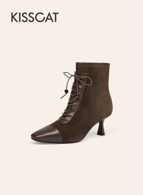 接吻猫高跟靴2025秋新方头复古美拉德马丁时装靴女KA65713-10