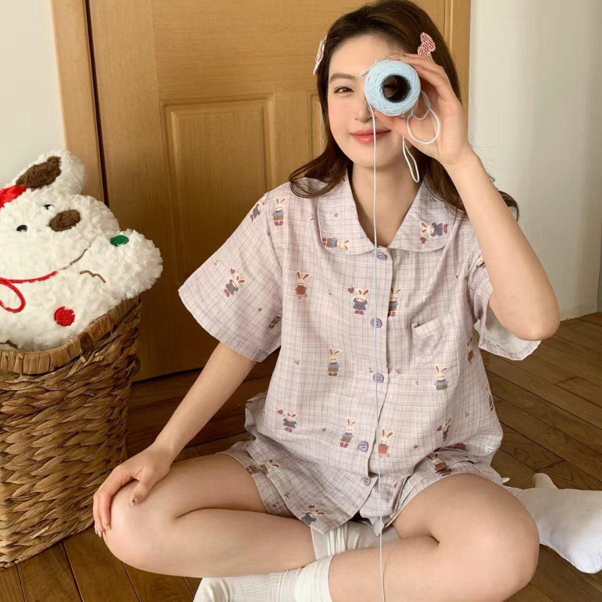 新品夏款纯棉双层纱薄款短裤短袖套装睡衣韩系小清新可外穿家居服