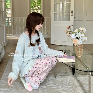 睡衣女款春秋季2025新款长袖圆领纯棉长裤少女风套装春秋款家居服