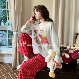 睡衣女款春秋季2025长袖卡通新款纯棉红格子长裤春秋款套装家居服