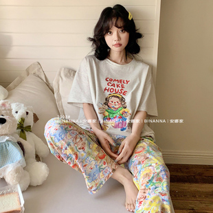 短袖 油画薄款 纯棉长裤 缤安娜家居服睡衣夏季 套装 2025新款 夏款 女款