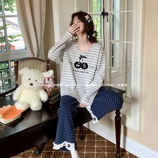 缤安娜家居服睡衣女款春秋季2025长袖樱桃新款纯棉长裤春秋款套装