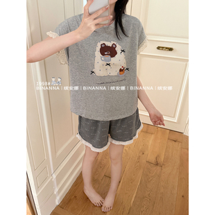 睡衣女款2026新款夏短袖丝光棉可出门外穿薄款短裤套装夏款家居服