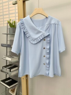 衬衫 清仓特价 淑女通勤不对称领花边翻领垂顺雪纺短袖 时尚 Luck韩版