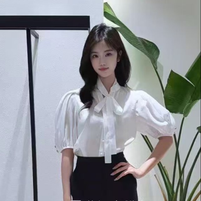 26年夏季新款韩版气质优雅百搭通勤显瘦系带V领短袖衬衫上衣女