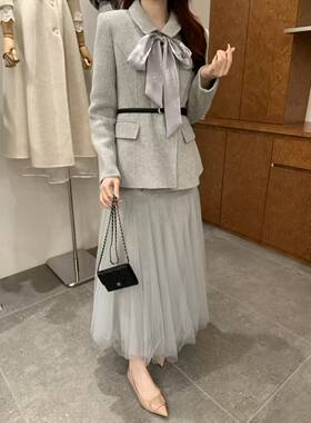 2026冬款韩版名媛女生羊绒系蝴蝶结西装修身外套+仙女半身裙纱女